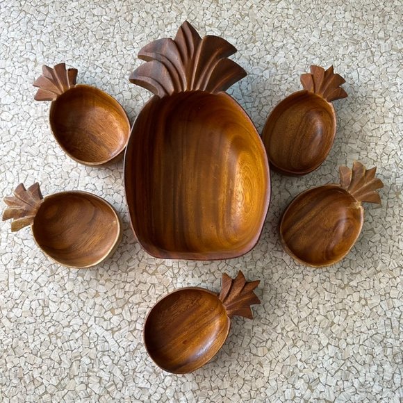 Vintage Teak Pineapple Salad Bowl Set Mid Century Modern- 6 Pieces - Picture 2 of 7